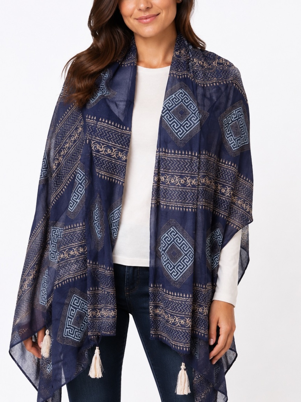 Rhea Navy and metallic Gold hand painted Patterned Cotton Wrap Scarf